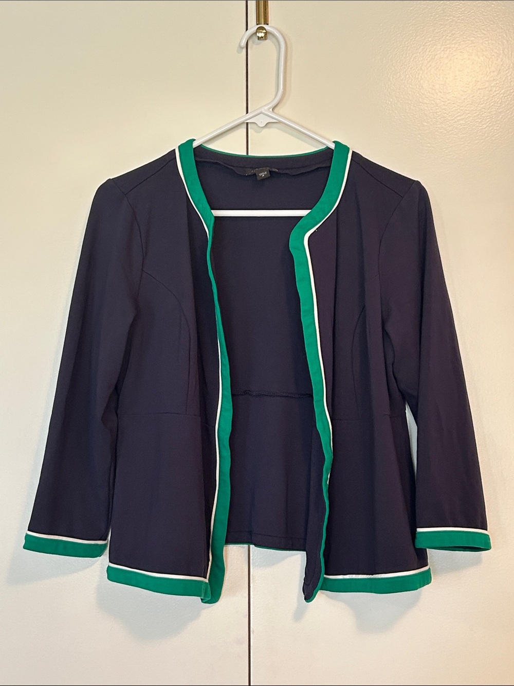 J. Jill wearever collection Navy Open Front Jacket with Green Trim size medium